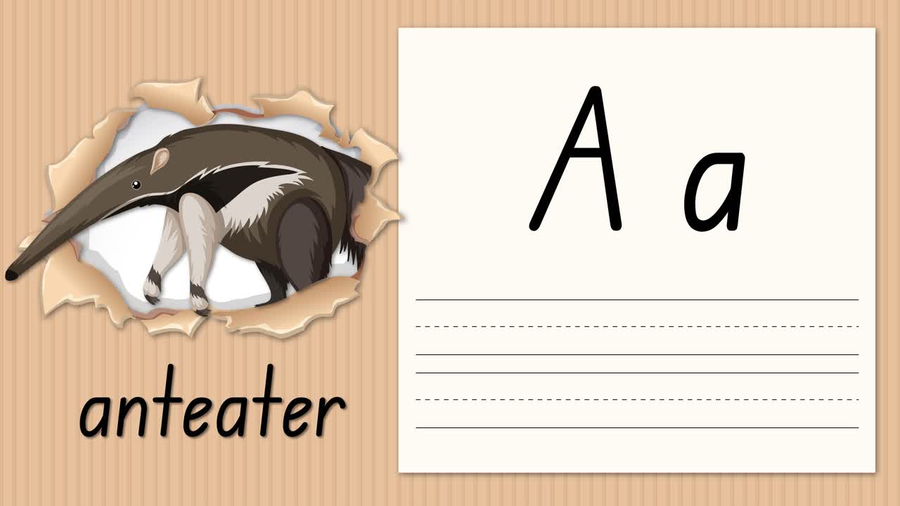 Animated handwriting lesson teaches letter A using an anteater illustration on a cardboard background