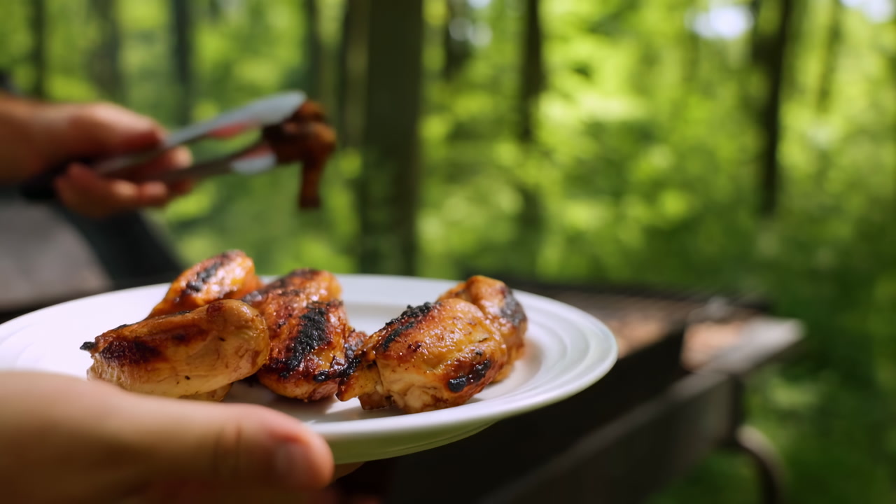 Grilled Chicken Wings On Plate Held By Home Cook, Tongs Placing Glazed Pieces, Smoky Backyard Grill, Forest