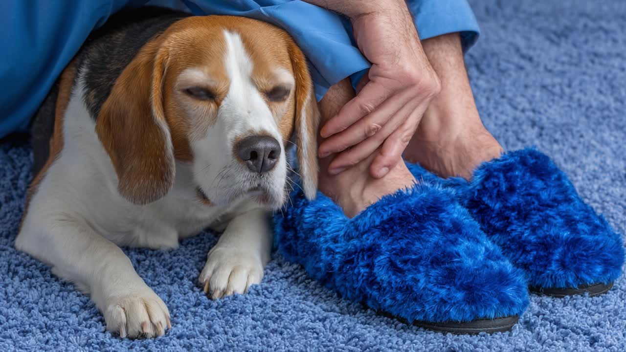 A Cozy Moment: A Beagle Relaxes Next to a Person in Blue Slippers on a Soft Carpet, Embodying Comfort and Companionship in a Serene Setting