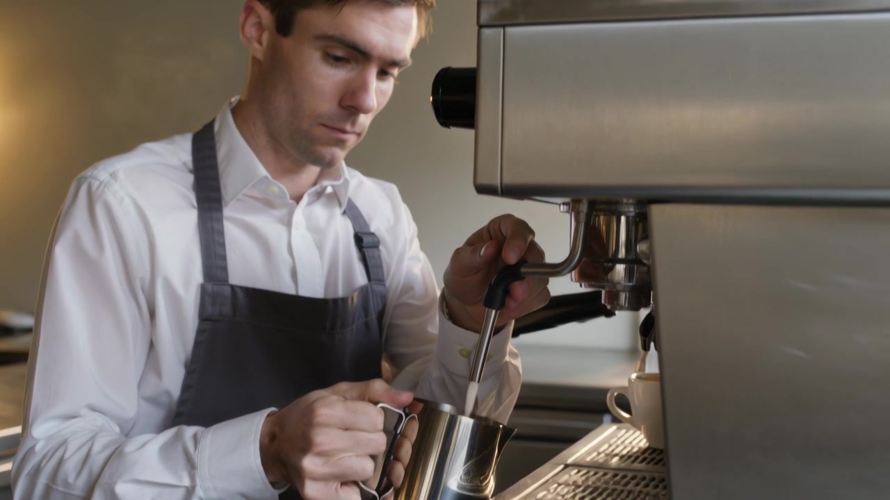 Activating steam wand, barista in white shirt dark apron steaming milk pitcher at counter for latte