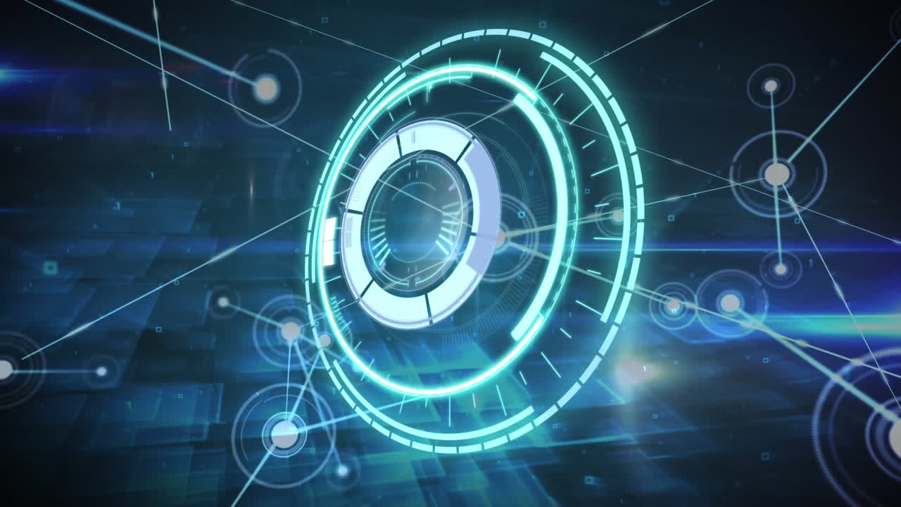 Animation of round scanner and network of connections against light spots on blue background
