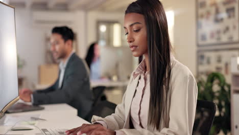computer, office and business woman at night