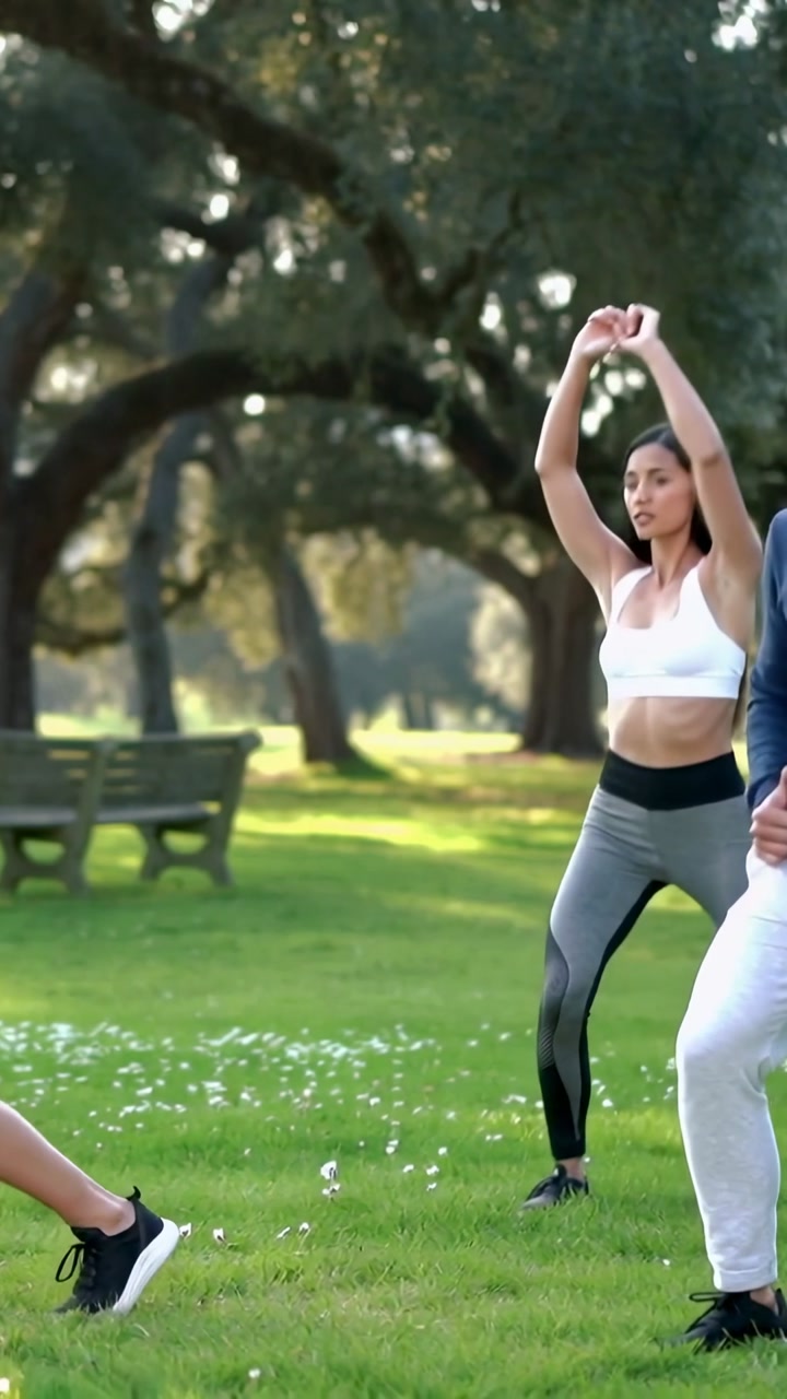 Vertical video: Leading woman on cue in gear raising arms, lunging by bench in park for fitness