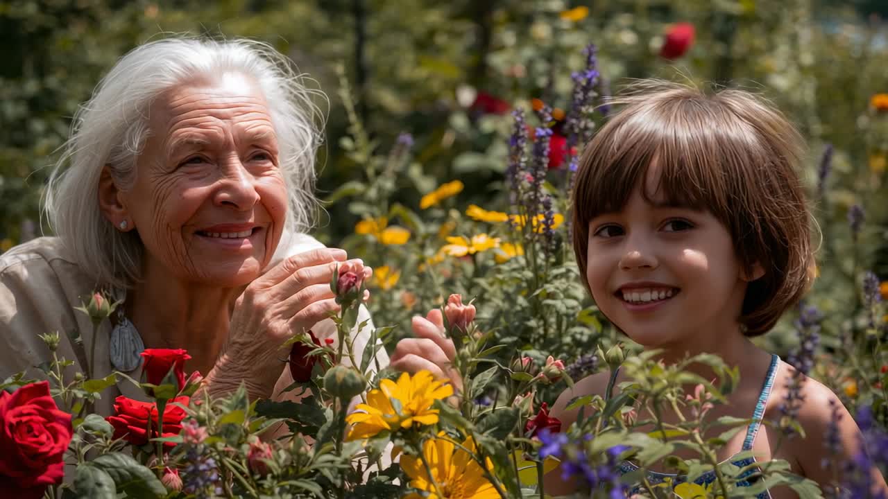 Donna anziana che offre un bocciolo di rosa a un bambino in giardino, il bambino sorride, petali animati guidano la cura delle piante.