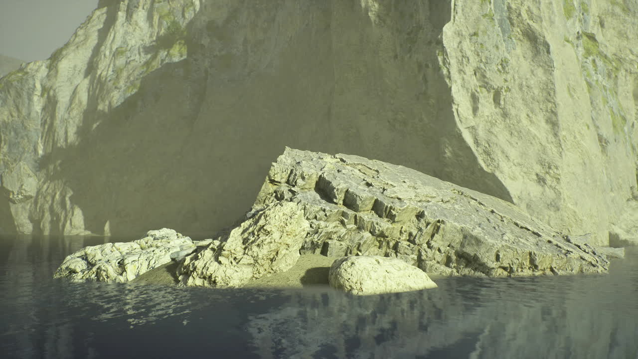Serene water mirrors lonely chalk hill under soft glowing light