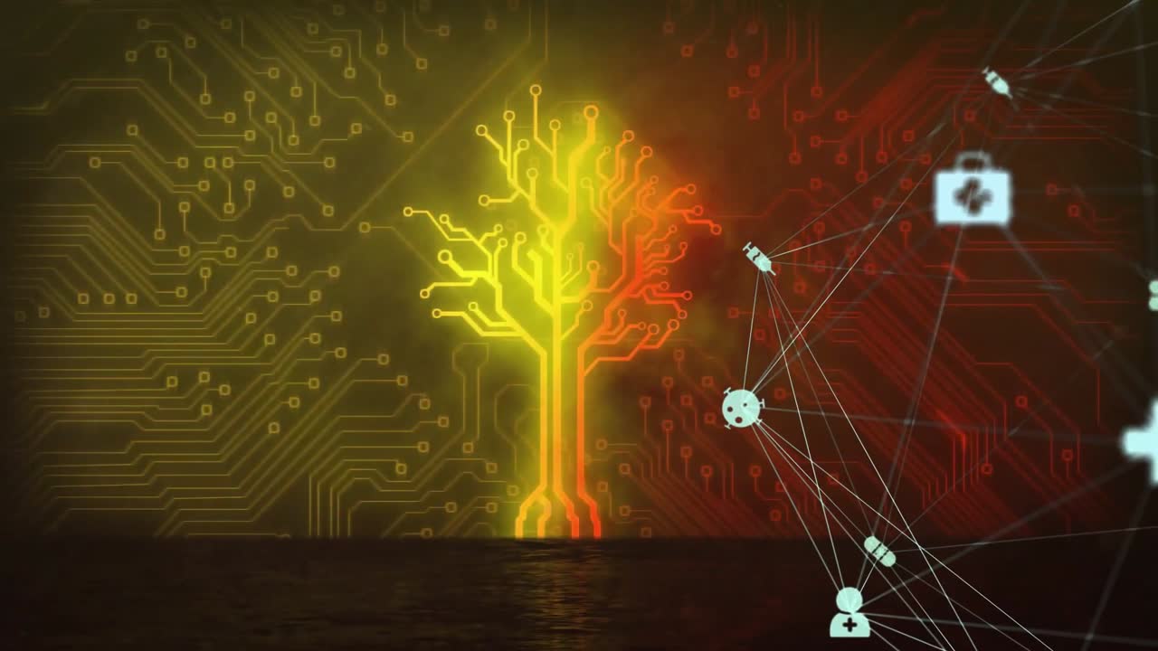 Vertical video: Expanding glow forming circuit tree rising from water, forming health data network
