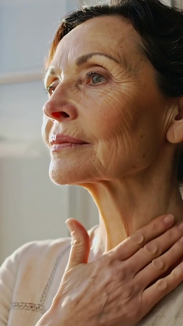 Video verticale: Donna anziana che si accarezza il collo e il petto, con un top leggero vicino a una finestra illuminata dal sole.