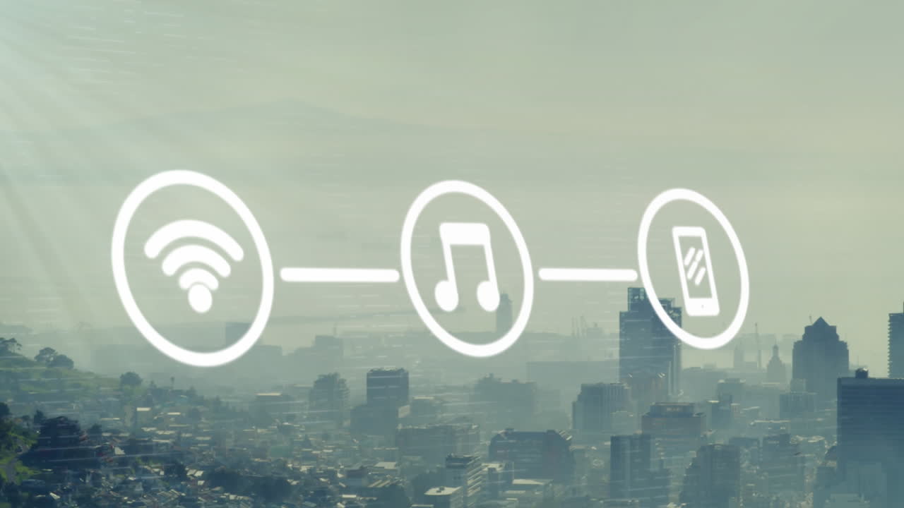 Animazione di numeri che cambiano e elaborazione dati su paesaggio urbano