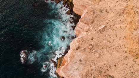 video drone cinematografico dalla scogliera nel deserto dell'entroterra durante l'ora d'oro del tramonto con grandi onde blu e alberi verdi