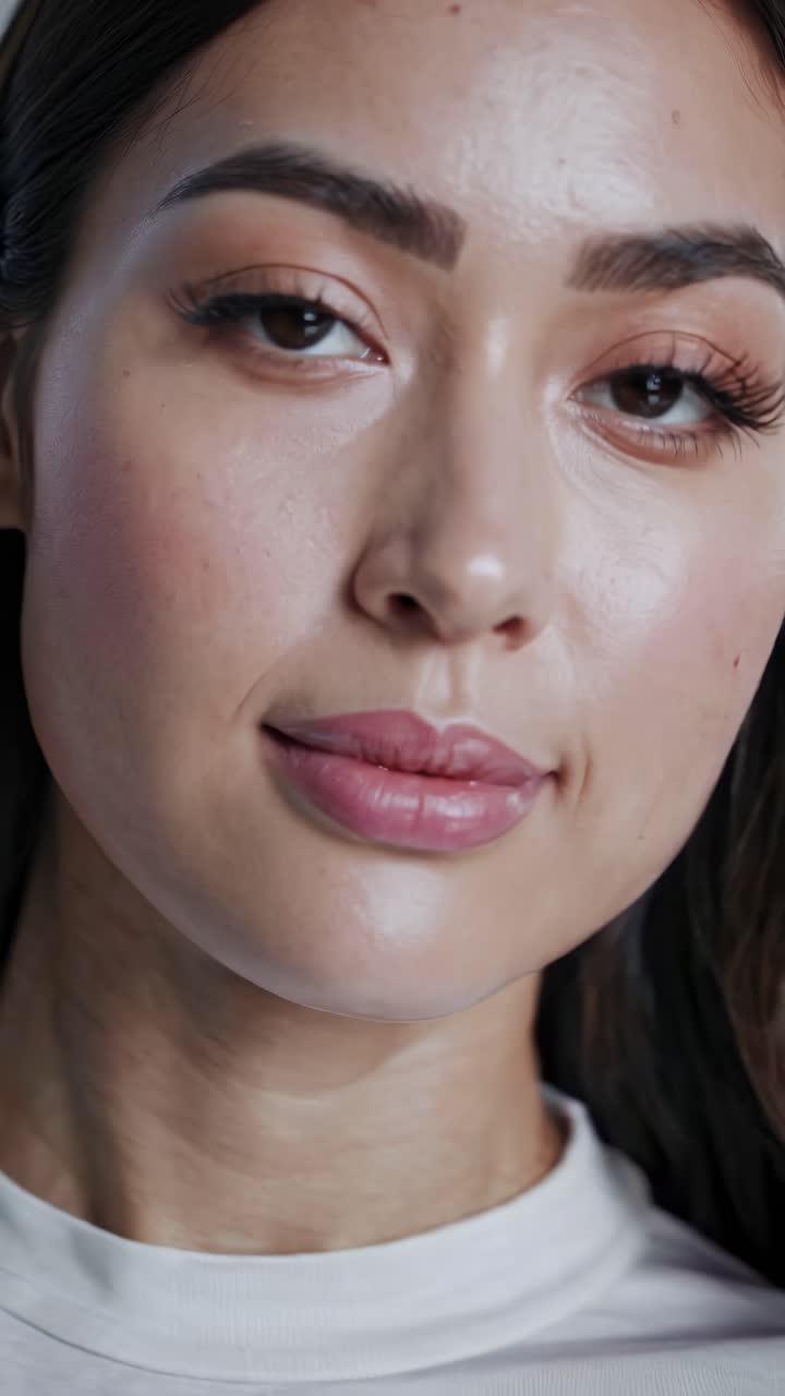 Close-up video portrait of a woman with natural makeup, shot at eye level