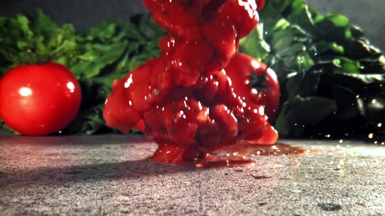 Pomodori freschi tritati versati al rallentatore con verdure verdi