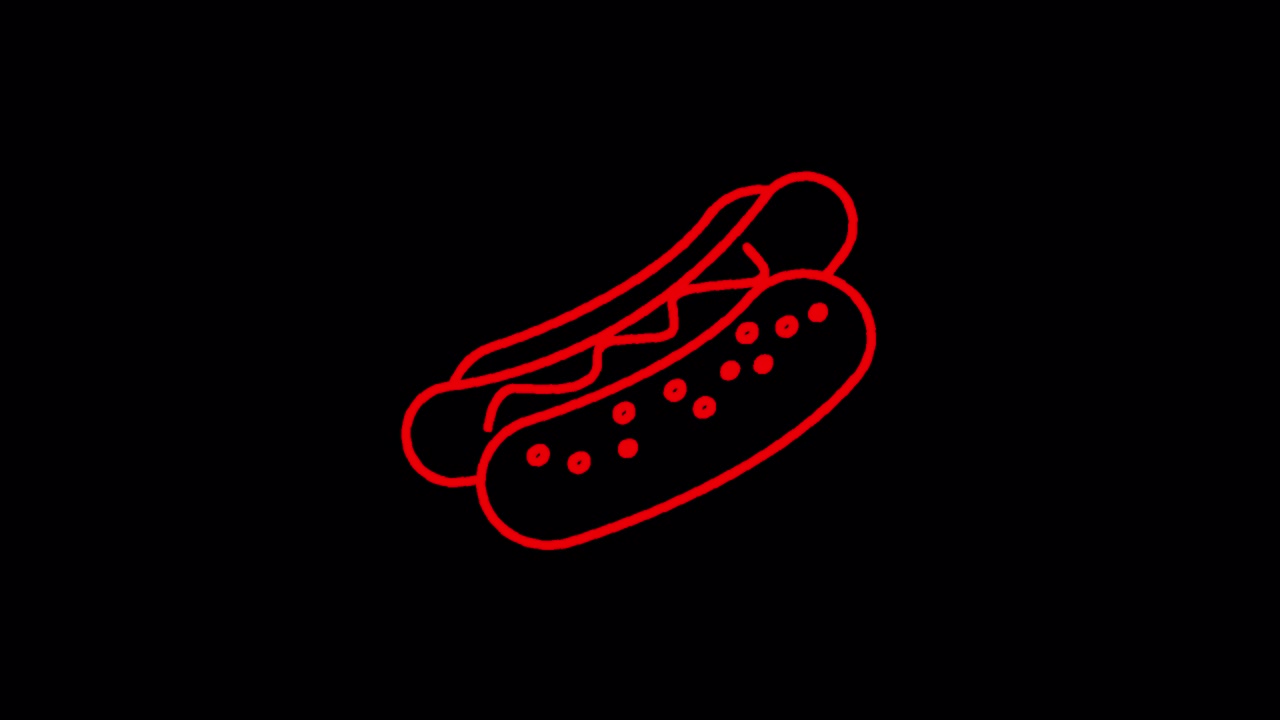 Animazione di disegno al tratto rosso di un hot dog su sfondo nero