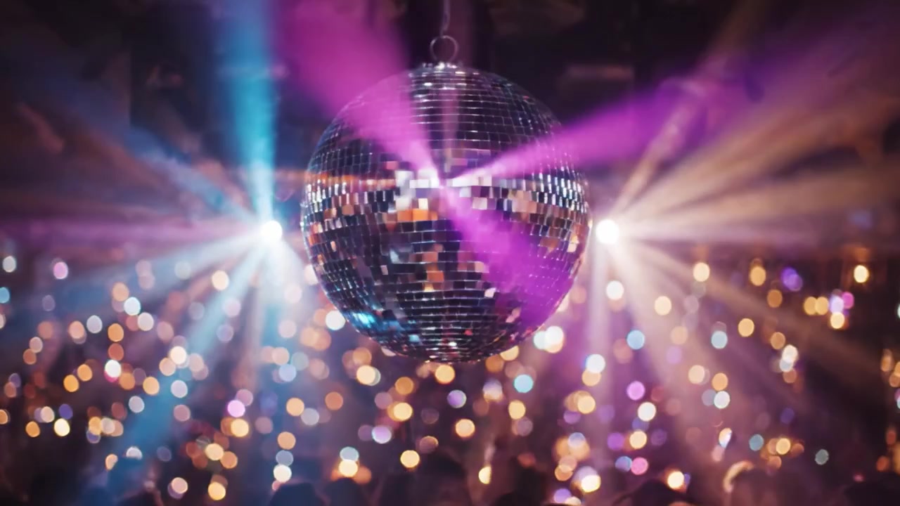Uma Deslumbrante Bola de Discoteca Cativa a Pista de Dança com Luzes Vibrantes e Reflexos Coloridos em um Evento de Boate Energético, Criando uma Atmosfera Inesquecível