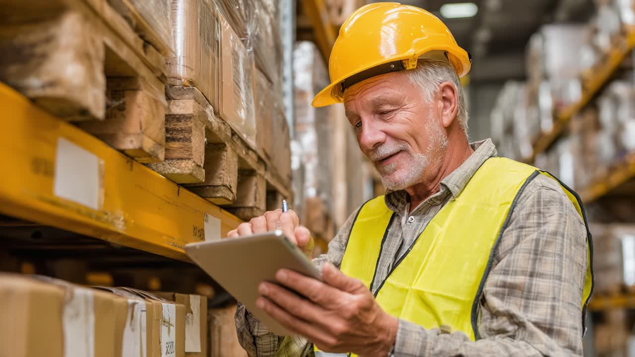 A Senior Warehouse Worker in Safety Gear Analyzes Inventory Data on a Tablet while Standing Near Pallets in a Well-Organized Storage Facility