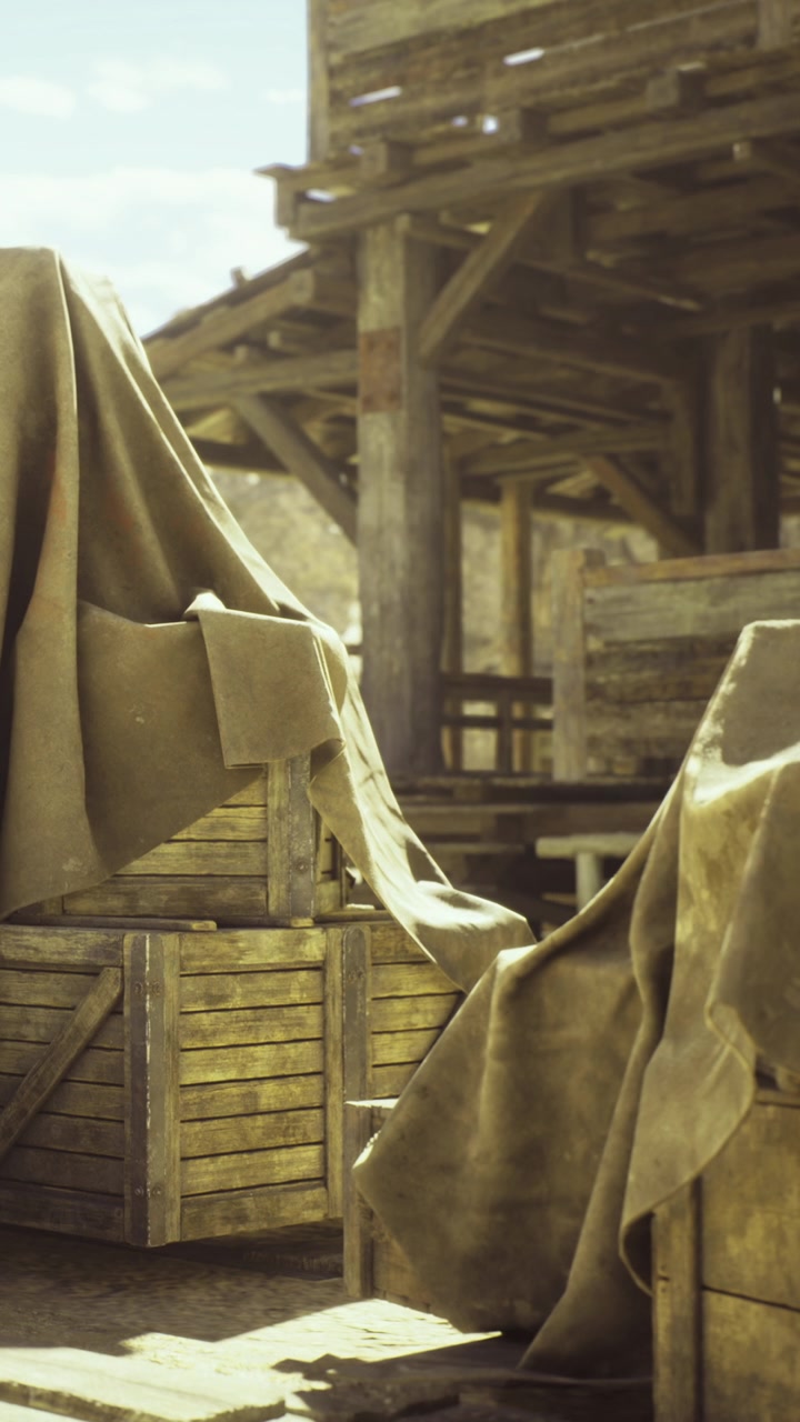 Warm sunlight bathes weathered crates draped with fabric in an old marketplace