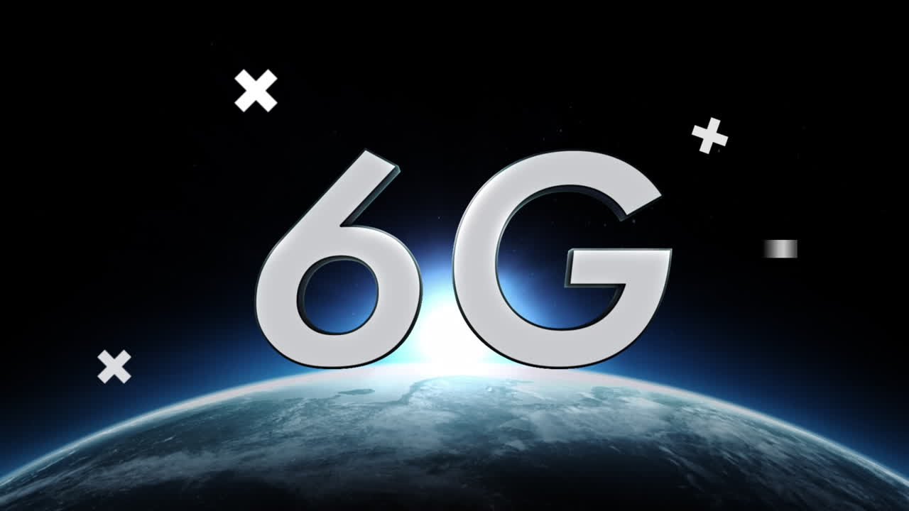 animación de 6g, diversas formas, glitch y el sol saliendo sobre el globo girando en el espacio