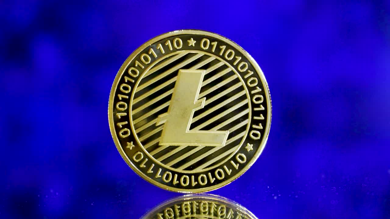 미래파 파란색 배경을 가진 미러링 그라운드에 빛나는 황금 라이트코인