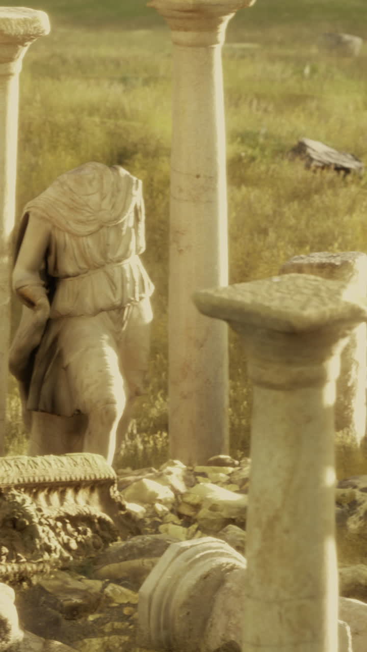 Resti di antiche colonne e sculture in un paesaggio erboso al tramonto