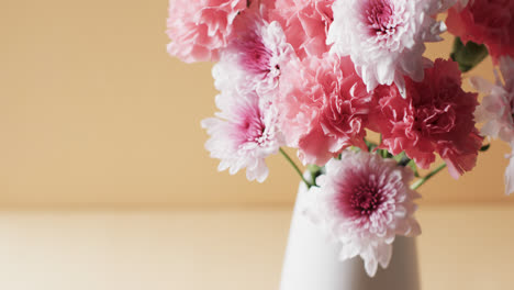 video of pink flowers in white vase with copy space on yellow background