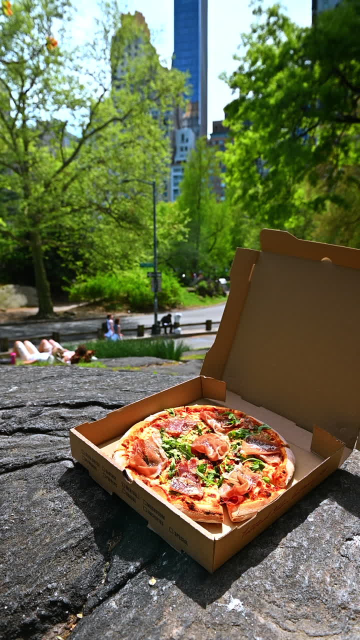Open box pizza on rock in bright park. An open pizza box rests on a rock under bright sunshine in the park