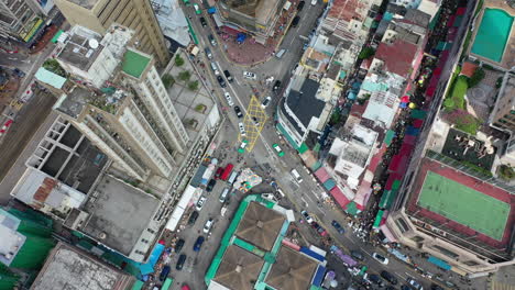 top view of city buildings and traffic in hong kong. aerial ascend