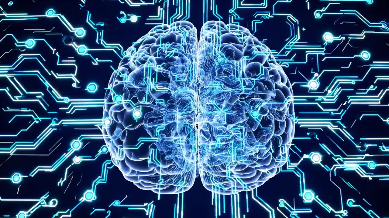 Futuristic video concept of a digital brain with glowing circuits