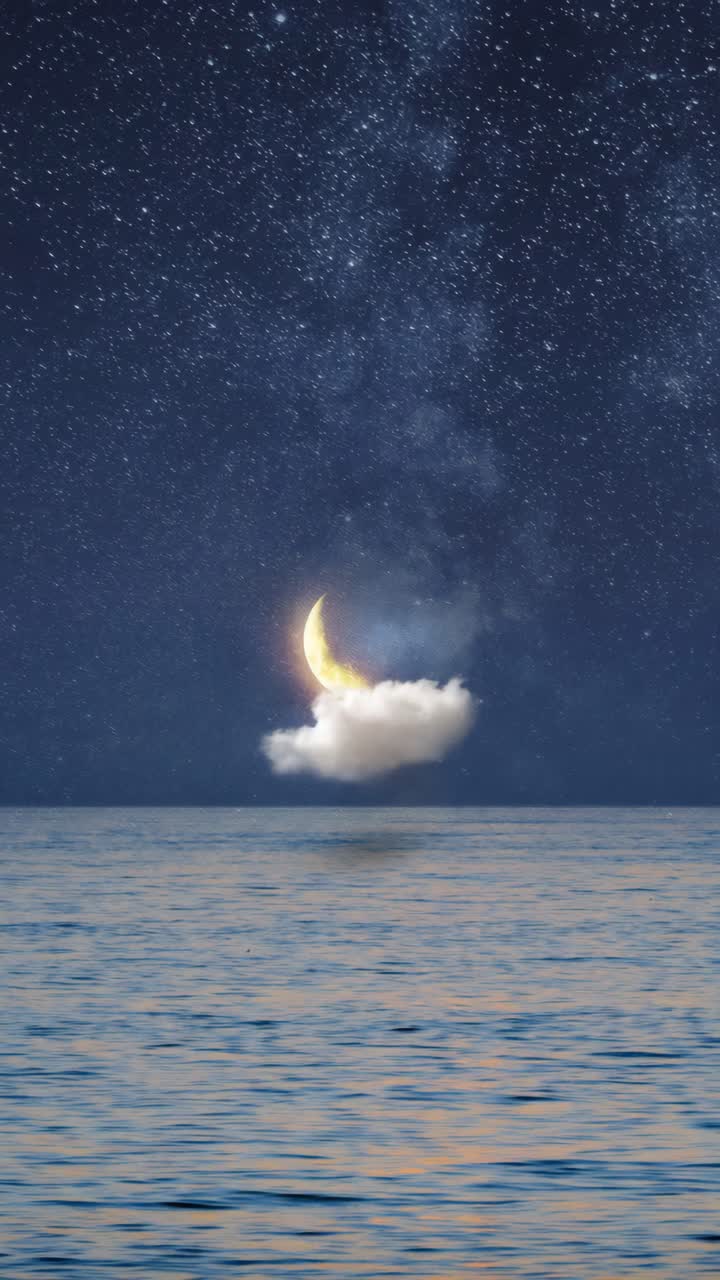 Surreal video concept of a crescent moon resting on a cloud over calm ocean waters