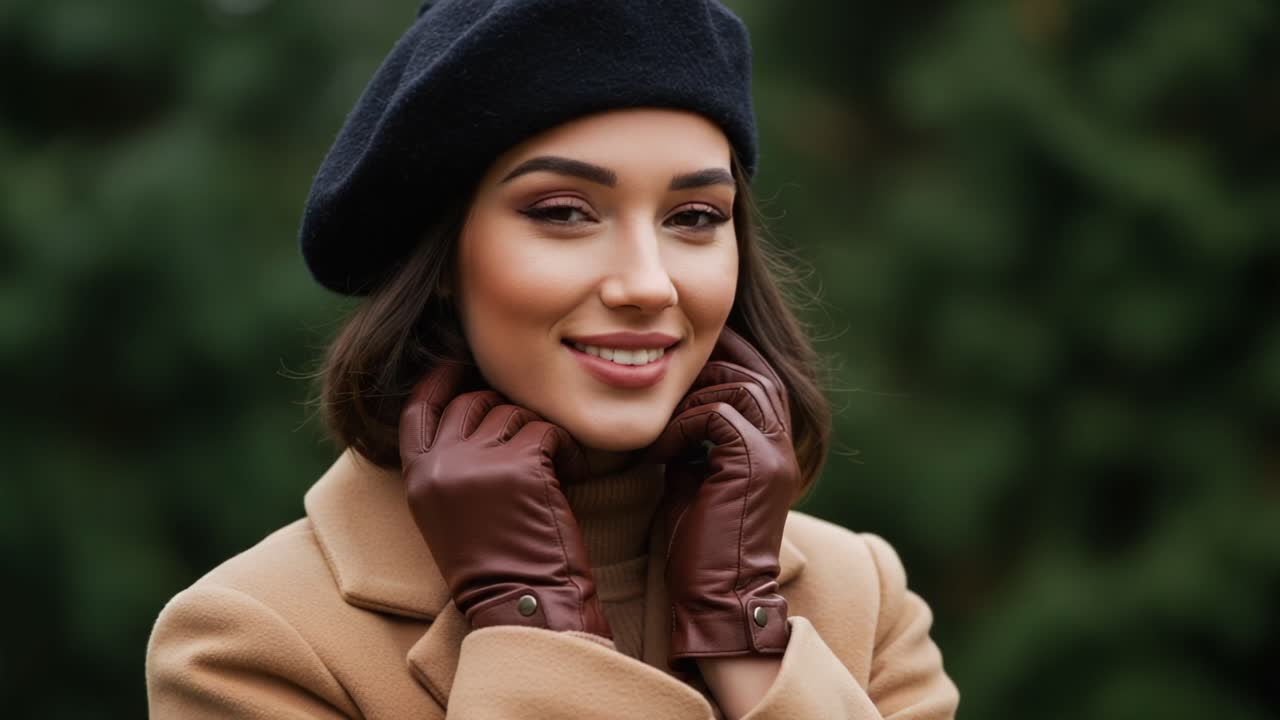 Charming Woman in Stylish Beret and Elegant Coat Poses Outdoors with Grace and Confidence, Showcasing Fashionable Winter Accessories and Natural Beauty