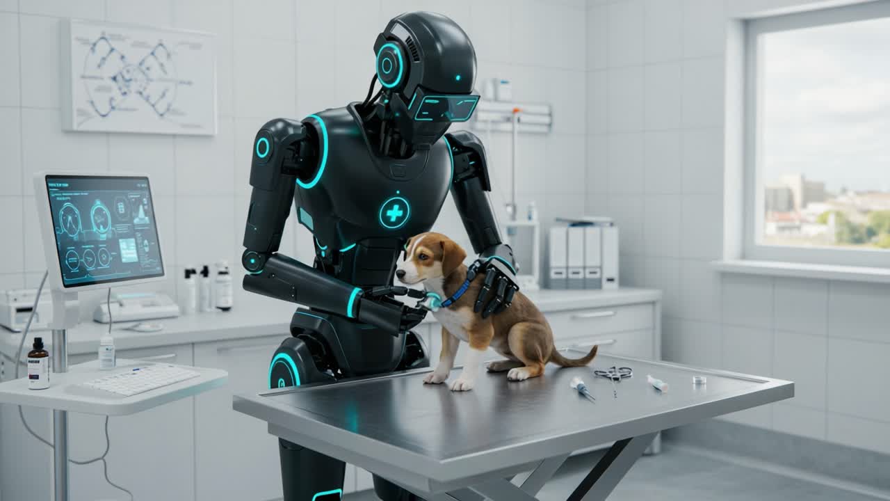 A Robotic Veterinary Assistant Examines a Small Dog in a Modern Clinic Environment, Showcasing the Integration of Technology and Animal Care
