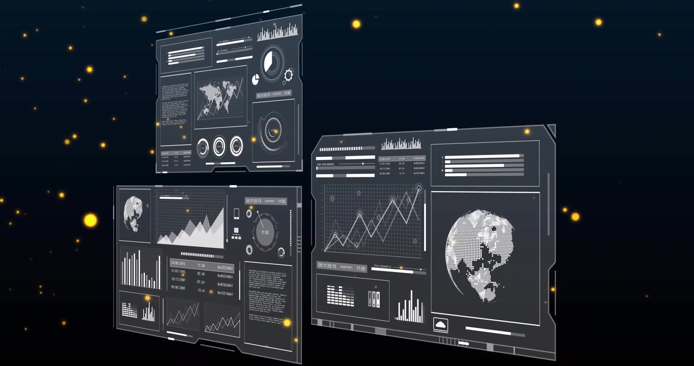 Three translucent HUD panels rotating after camera nudge, revealing live charts, globe in starfield