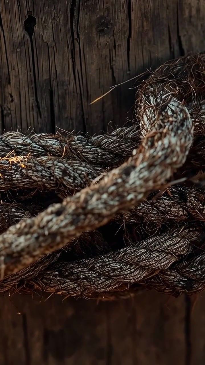 Video verticale: Inquadratura panoramica che rivela una corda intrecciata su un palo di legno al molo, mostrando fibre sfilacciate.