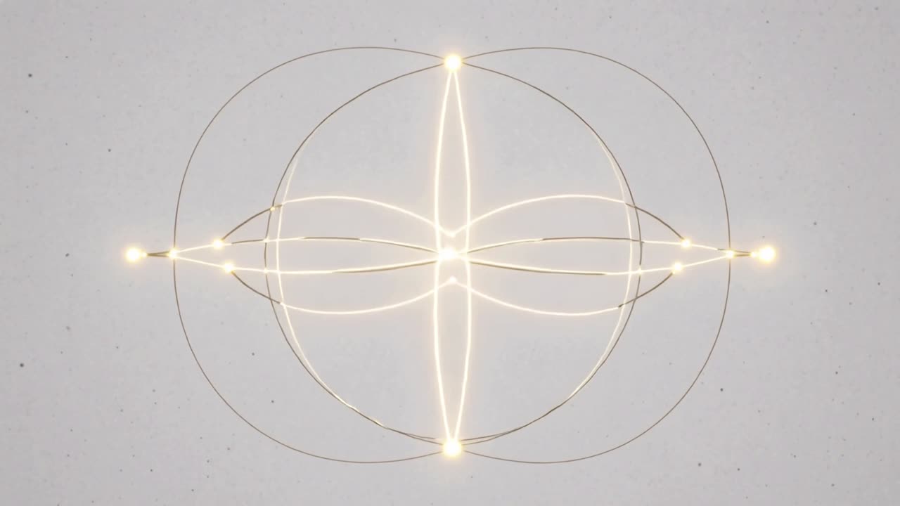 Emerge un motivo geometrico, con archi luminosi che tracciano anelli simmetrici su uno sfondo grigio, mostrando simmetria.