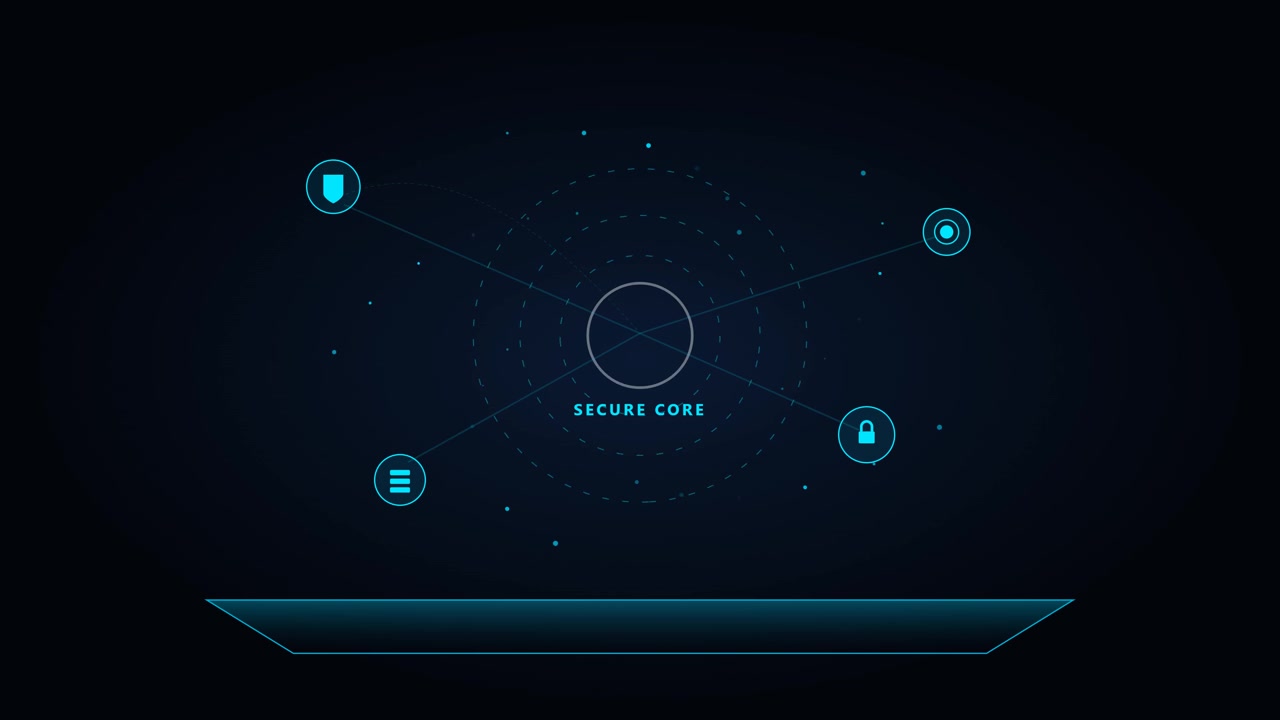 Interfaccia core sicura digitale con elementi HUD animati.