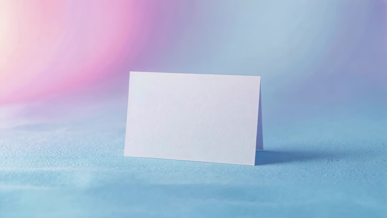 Pushing camera toward blank-white tent-fold card on blue-felt with gradient backdrop for product