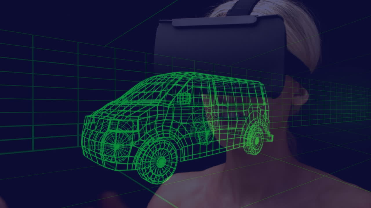 animación de un dibujo de coche en 3d sobre una mujer con auriculares vr