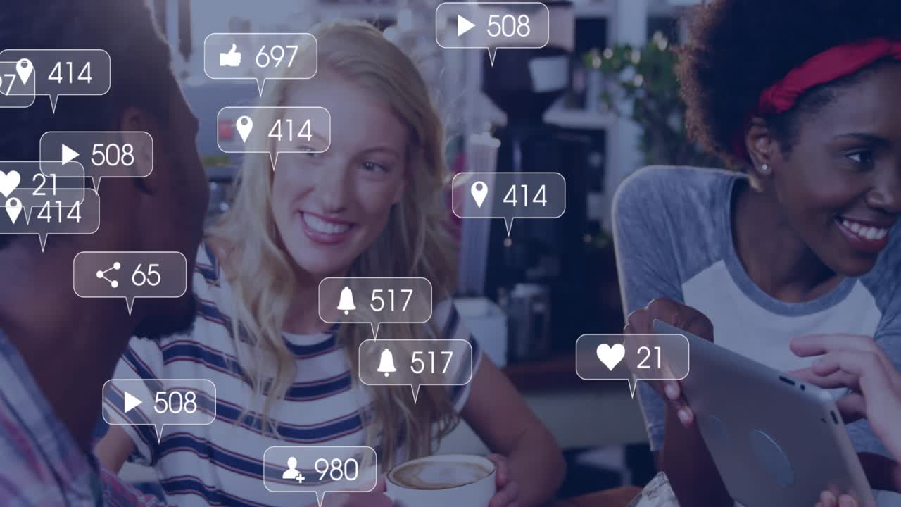 Friends sitting at coffee shop table sharing phone post and watching animated viral metrics rising