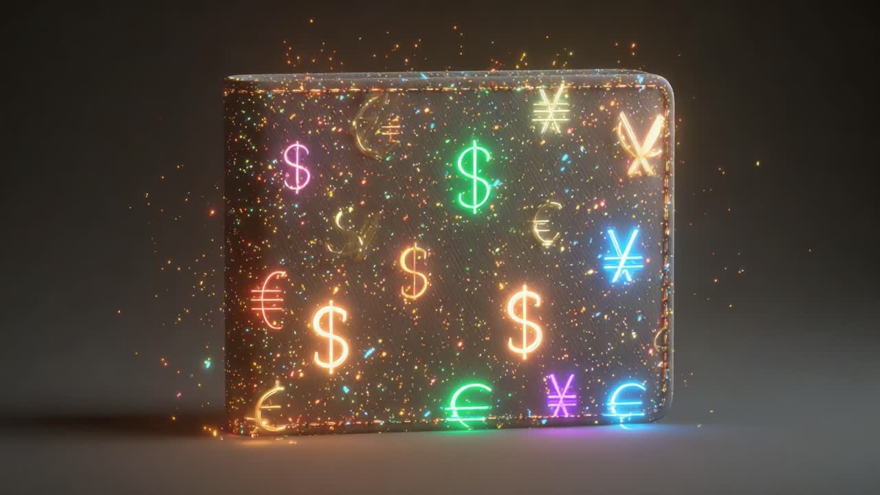 A Glimmering Wallet Surrounded by Bright, Colorful Currency Symbols, Capturing the Essence of Modern Economics with Sparkling Visual Effects and Vibrant Colors