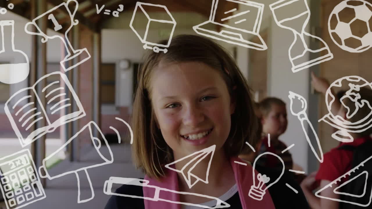 Animation of school items icons over diverse schoolchildren talking and smiling