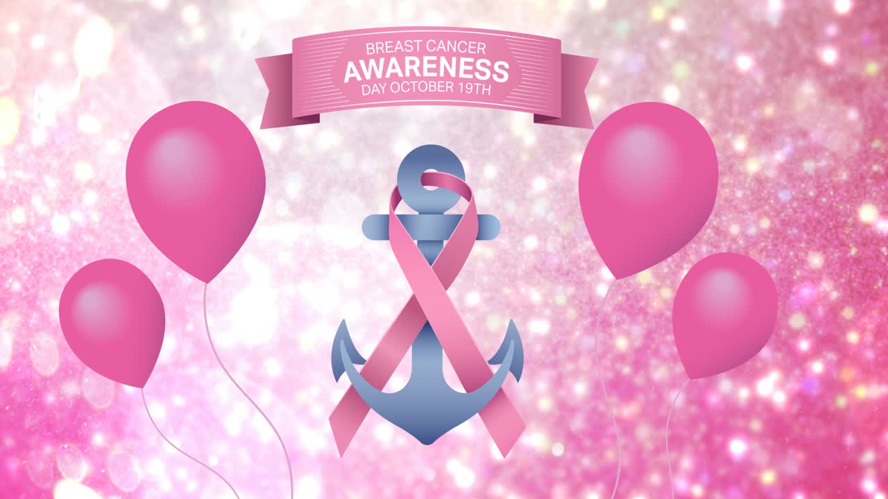 핑크 리본  ⁇ 커 로고와 유방암 텍스트 위에 날아다니는 분홍색 풍선의 애니메이션