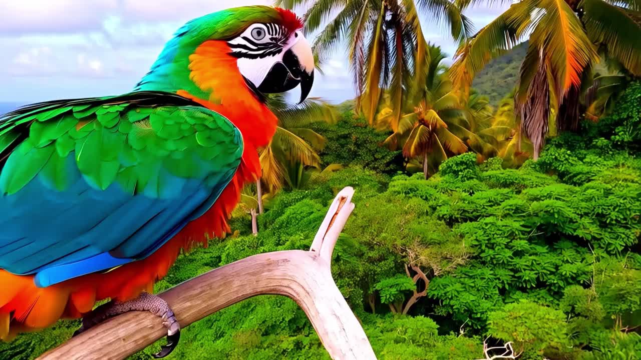 A vibrant macaw parrot perched on a branch in a tropical setting