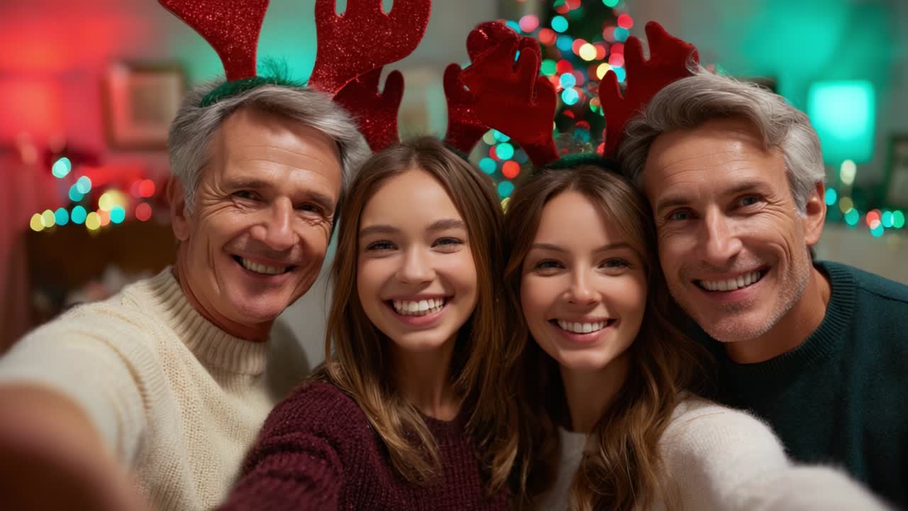 Una alegre reunión navideña en la que una familia inmortaliza un momento divertido en conjunto, adornados con festivos cuernos de reno, en medio de un fondo navideño bellamente decorado y lleno de luces de colores