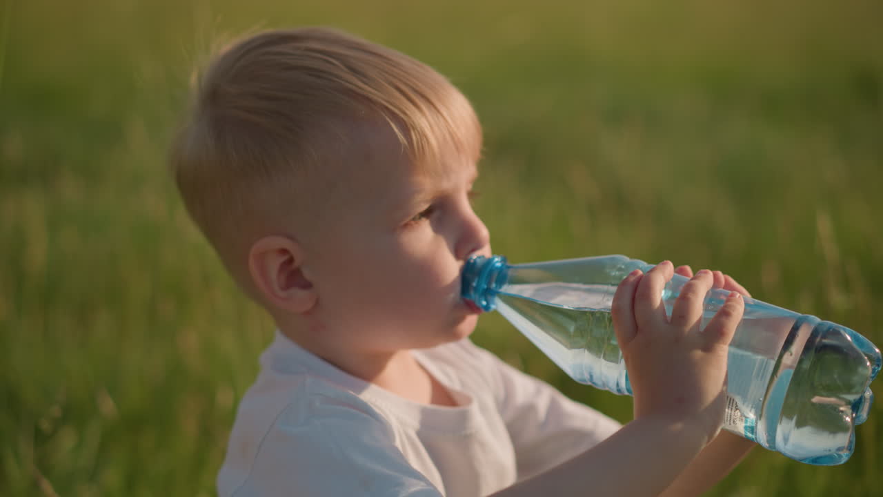 un niño pequeño con una camiseta blanca está sentado en un campo cubierto de hierba, bebiendo agua de una botella de plástico transparente. el niño parece contento y concentrado, disfrutando de un momento refrescante al aire libre iluminado por el sol
