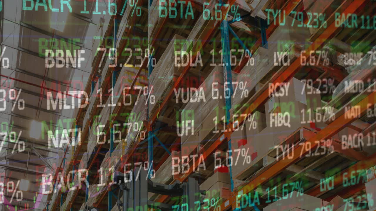 Animation von Finanzdatenverarbeitung und Börse über einer leeren Lagerhalle