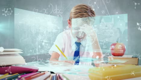 animación del procesamiento de datos científicos en pantallas sobre un escolar caucásico