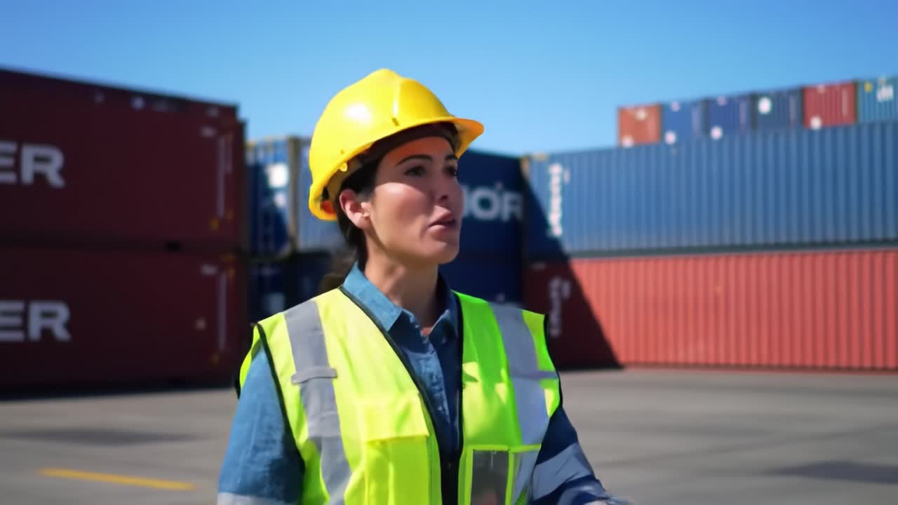 A Female Dock Worker Directing Operations at a Shipping Yard Surrounded by Colorful Freight Containers Under Clear Blue Skies