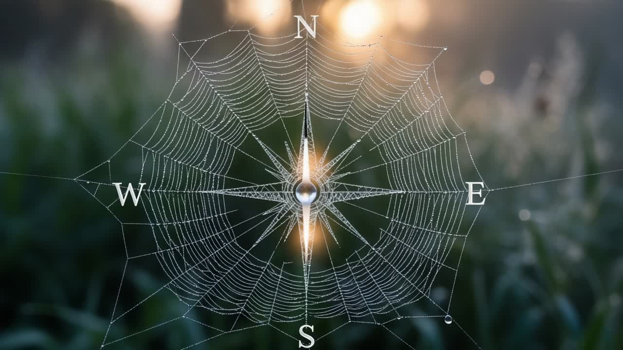A Captivating Spider Web in the Morning Light, Featuring a Beautiful Compass Rose and Dew Droplets, Illuminating Nature's Intricate Design and Serenity