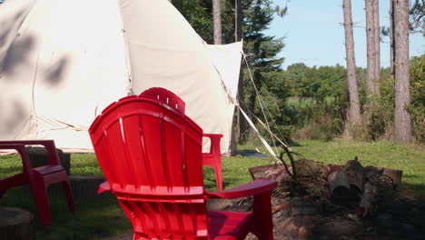 a tourist tent is standing behind the bonfire