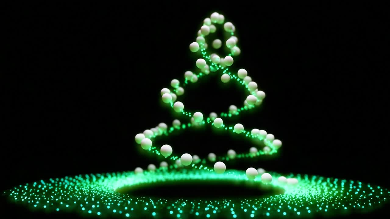 A mesmerizing 3D visualization of spiraling green spheres forming a captivating tree-like structure that radiates energy and light in a dark environment, highlighting the beauty of abstract geometry and physics