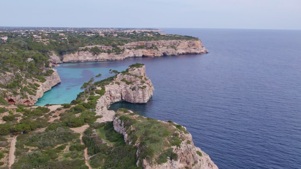 Panoramic shot of S'Almonia bay Mallorca with no boats and people, aerial