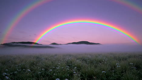 double rainbow over misty mountains and field